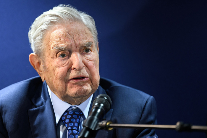 Hungarian-born U.S. investor and philanthropist George Soros answers to questions after delivering a speech on the sidelines of the World Economic Forum (WEF) annual meeting in Davos, Switzerland, on May 24, 2022. 