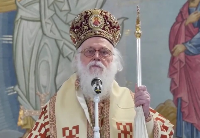 Archbishop Anastasios, head of the Albanian Orthodox Church, oversees a worship service in 2022. 