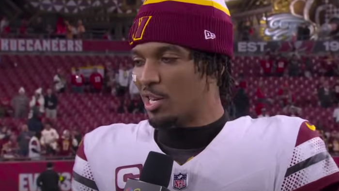 Washington Commanders quarterback Jayden Daniels speaks to NBC following his team's victory against the Tampa Bay Buccaneers, Jan. 12, 2025. 