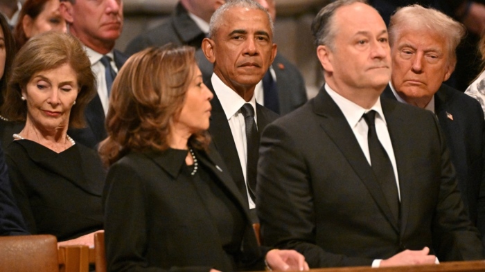 Former first lady Laura Bush, Vice President Kamala Harris, former President Barack Obama, second gentleman Doug Emhoff and President-elect Donald Trump attend the funeral for former President Jimmy Carter at the Washington National Cathedral in Washington, D.C., on Jan. 9, 2025.