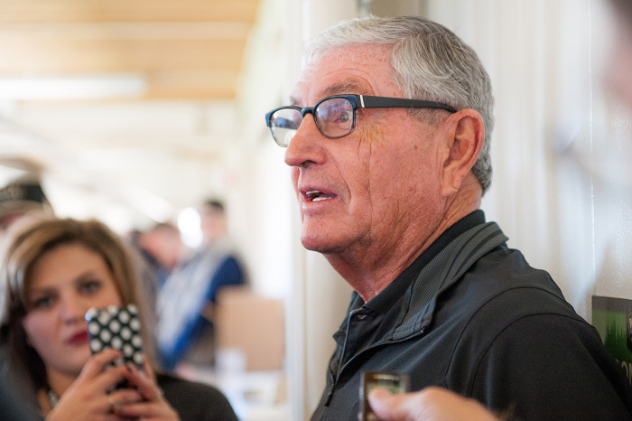 Retired Colorado Buffaloes head coach Bill McCartney holds an informal press conference to discuss a recent ESPN 30 for 30 program before a game between the Colorado Buffaloes and the Stanford Cardinal at Folsom Field on Nov. 7, 2015, in Boulder, Colorado. 