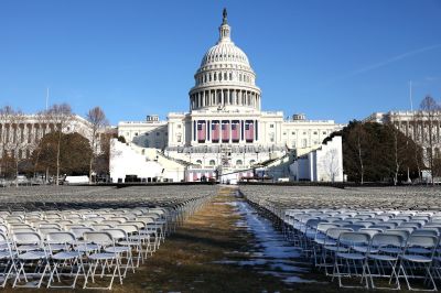 Chairs are setup on the National Mall in front of the U.S. Capitol January 17, 2025 in Washington, DC. The second Trump inauguration ceremony on January 20 will be moved to the rotunda of the U.S. Capitol as temperatures are expected to be the coldest in forty years. 