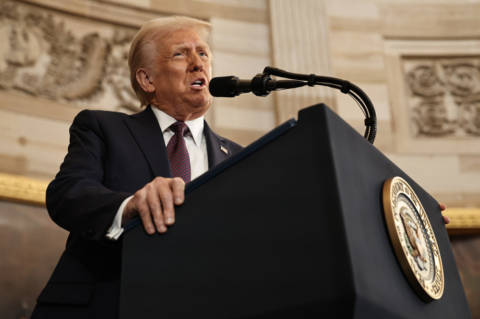 U.S. President Donald Trump speaks during inauguration ceremonies in the Rotunda of the U.S. Capitol on Jan. 20, 2025, in Washington, D.C. Donald Trump takes office for his second term as the 47th president of the United States.