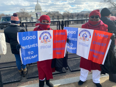 Nono (left) and Eki (right), Nigerian-born Christian missionaries from Houston, Texas, gather on the National Mall to celebrate the inauguration of Donald Trump as the 47th president of the United States, Jan. 20, 2025. 