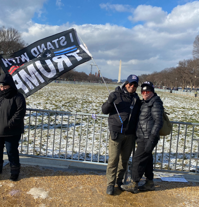 Tarek and Mary, a couple from Montreal, Quebec, Canada, gather on the National Mall to celebrate the inauguration of Donald Trump as the 47th president of the United States, Jan. 20, 2025. 