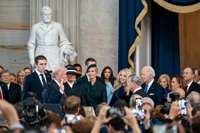 President-elect Donald Trump is sworn in by Chief Justice John Roberts at his inauguration in the U.S. Capitol Rotunda on January 20, 2025 in Washington, DC. Donald Trump takes office for his second term as the 47th President of the United States. 