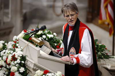 The Rev. Mariann Edgar Budde speaks during the National Prayer Service at Washington National Cathedral on Jan. 21, 2025, in Washington, D.C. Tuesday marks Trump's first full day of his second term in the White House. 