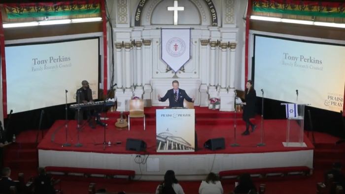 Family Research Council President Tony Perkins addresses a group of Christians gathered at a Greater New Hope Baptist Church in Washington, D.C., on Jan. 19, 2025.