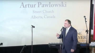 Pastor Artur Pawlowski, the Polish-Canadian pastor who made international headlines for being repeatedly arrested, speaks to the crowd gathered at Greater New Hope Baptist Church in Washington, D.C., on Jan. 19, 2025.