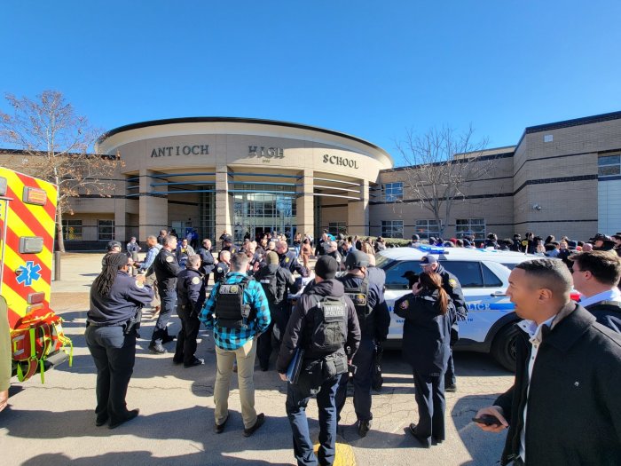 The scene outside Antioch High School in Nashville, Tennessee, following a shooting that left three students injured on Jan. 22, 2025.