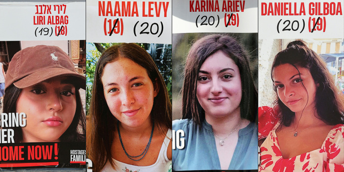 This combination of pictures created on Jan. 24, 2025, shows posters of Israeli hostages (L to R) Liri Albag, Naama Levy, Karina Ariev and Daniela Gilboa, held in the Gaza Strip since the Oct. 7, 2023, attack by Hamas militants. Hamas' armed wing on Jan. 24, 2025, named four Israeli 'women soldiers' it intends to release the following day as part of the Gaza ceasefire agreement, with Israel confirming it received the names shortly after. 