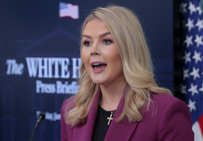 White House press secretary Karoline Leavitt holds her first news conference in the Brady Press Briefing Room at the White House on Jan. 28, 2025, in Washington, D.C. At 27-years-old, Leavitt is the youngest White House press secretary in U.S. history. 