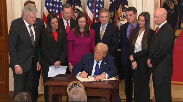 President Donald Trump signs the Laken Riley Act on Jan. 29, 2025. The immigration bill is named after the Georgia nursing student killed by an illegal migrant.