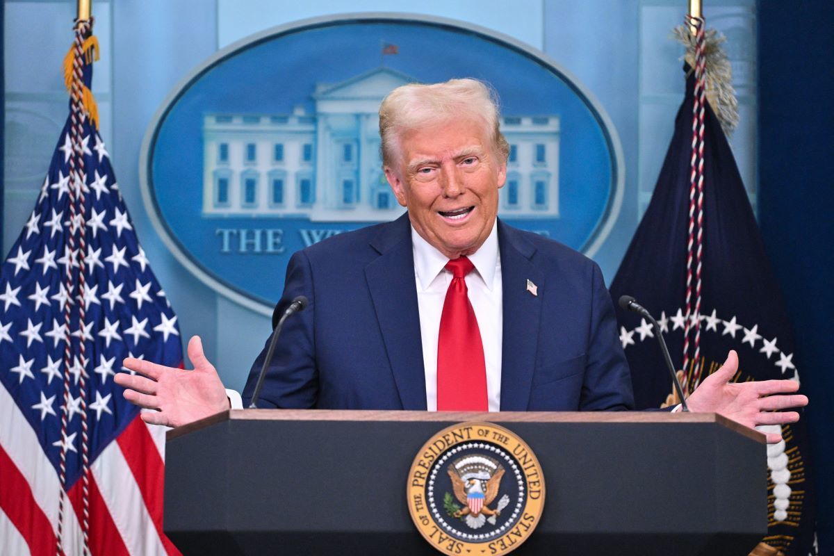 President Donald Trump speaks about the mid-air crash between American Airlines flight 5342 and a military helicopter in Washington, in the Brady Press Briefing Room at the White House on January 30, 2025 in Washington, DC. 