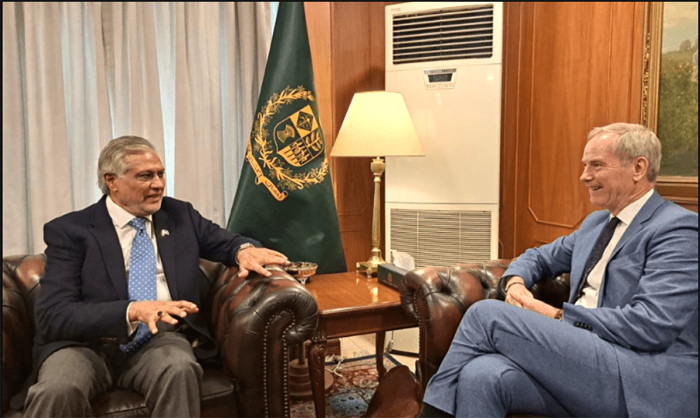 Deputy Prime Minister and Foreign Minister Ishaq Dar with EU Special Representative for Human Rights Olof Skoog. 