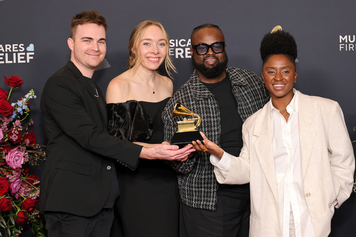 Taylor Agan, Kellie Gamble, Lloyd Nicks and Jess Russ, winners of the Best Contemporary Christian Music Performance/Song for 'That's My King' by CeCe Winans pose in the press room during the 67th annual Grammy Awards at Crypto.com Arena on Feb. 02, 2025, in Los Angeles, California. 