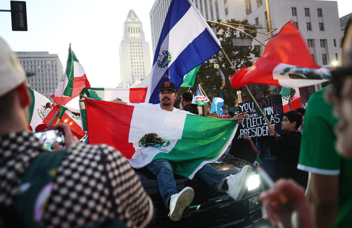 Anti-deportation demonstrators protest the Trump administration's deportations near City Hall on Feb. 02, 2025, in Los Angeles, California. Thousands protested against Immigration and Customs Enforcement (ICE) and mass deportations of criminal illegal immigrants in downtown Los Angeles, illegally blocking the 101 freeway multiple times and creating gridlock in the area.