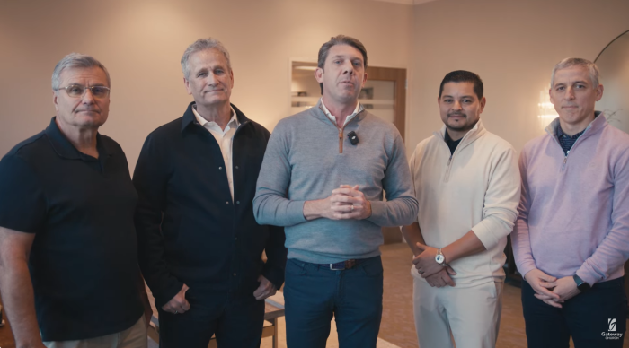 Longtime Gateway Church elder, Tra Willbanks (C), introduced four new interim elders at the Texas megachurch on Jan. 28, 2025. They are Mark Mueller (L), Randy McFarland (2nd L), Oscar Morales (2nd R) and Brad Moore (R).