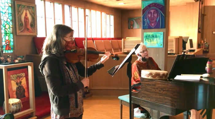 A screenshot of a worship service at herchurch in San Francisco in May 2024. 