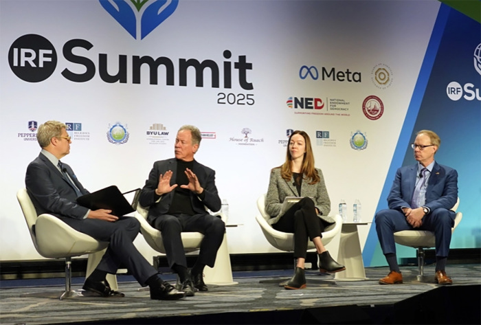 (From L to R): The first plenary at the IRF Summit 2025 featured a panel moderated by Brett Scharffs, director of the International Center for Law and Religion Studies, with panelists David Beasley, executive director of the World Food Program from 2017 to 2023, Annie Boyajian, co-president of rights group Freedom House, and Scott Flipse, director of policy and media relations of the Congressional-Executive Commission on China. 