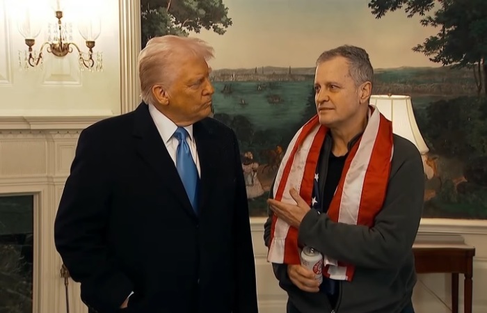 American Marc Fogel speaks with reporters at the White House alongside President Donald Trump on Feb. 11, 2025. 