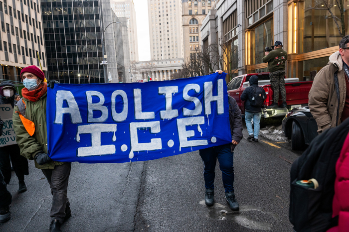 Protesters hold a rally and march against the policies of the Trump administration and its illegal immigration policies in lower Manhattan on Feb. 13, 2025, in New York City. The Justice Department’s Attorney General Pam Bondi has announced that she will be taking legal action against the state of New York and Gov. Kathy Hochul over New York City's resistance to supporting the Trump administration's crackdown on illegal immigration.