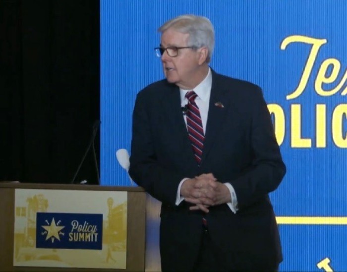 Texas Lt. Gov. Dan Patrick speaks at the Texas Policy Summit at the AT&T Executive Hotel & Conference Center in Austin, Texas, on Feb. 20, 2025.