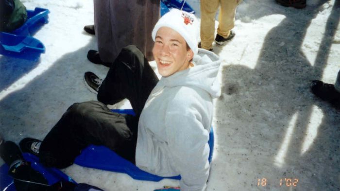 Asaf Tzur, one of the 17 people killed in a bombing attack on bus line 37 in Haifa in 2003, playing in the snow. 