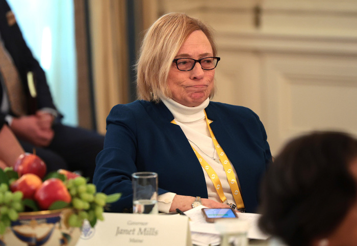 Gov. Janet Mills, D-Maine, challenges U.S. President Donald Trump over allowing men to compete in women's sports as Trump addresses a meeting of governors at the White House on Feb. 21, 2025, in Washington, D.C. President Trump is hosting a bipartisan group of governors for a working session at the White House as part of the The National Governors Association winter meetings. 