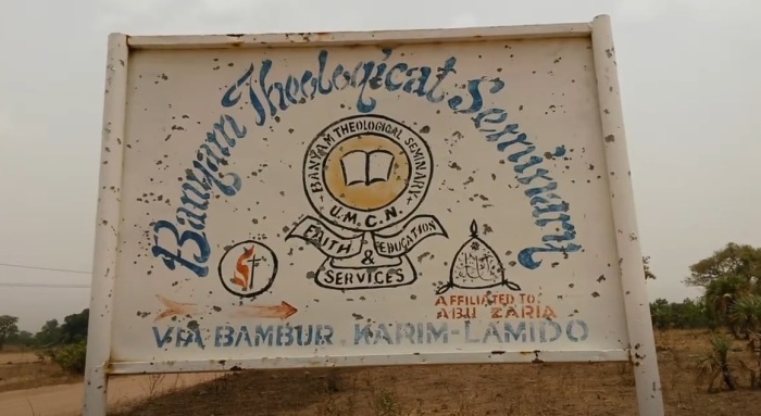 A sign for Banyam Theological Seminary of Nigeria, as seen in a 2017 video. 