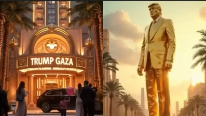 A screenshot of the 'Trump Gaza' AI-generated video. 