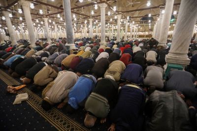 Muslims perform the first Tarawih prayer during the first Tarawih protest of Ramadan at the Amr ibn al-As Mosque on February 28, 2025 in Cairo, Egypt. 