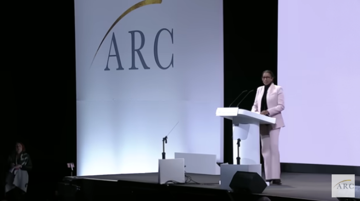 Ayaan Hirsi Ali delivers a speech at the Alliance for Responsible Citizenship in London, England, Feb. 18, 2025.