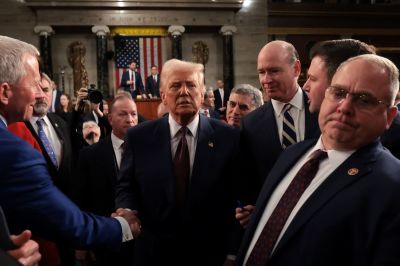 U.S. President Donald Trump greets lawmakers after addressing a joint session of Congress at the U.S. Capitol on March 4, 2025 in Washington, DC. Trump touted the early achievements of his presidency and detailed his upcoming legislative agenda. 