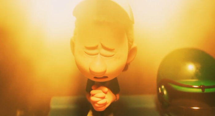 A screenshot of the character Laurie from the Disney+ series 'Win or Lose' praying before a softball game.