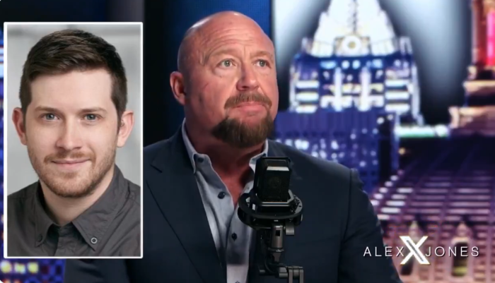 Inforwars founder Alex Jones announces the death of reporters Jamie White [inset] on March 10, 2025.