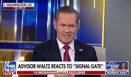 National security advisor Michael Waltz speaks on the Fox News program 'The Ingraham Angle' on Tuesday March 25, 2025.