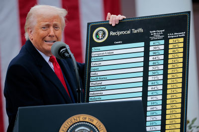 U.S. President Donald Trump holds up a chart of 'reciprocal tariffs' while speaking during a “Make America Wealthy Again” trade announcement event in the Rose Garden at the White House on April 2, 2025 in Washington, DC. Touting the event as “Liberation Day”, Trump is expected to announce additional tariffs targeting goods imported to the U.S.