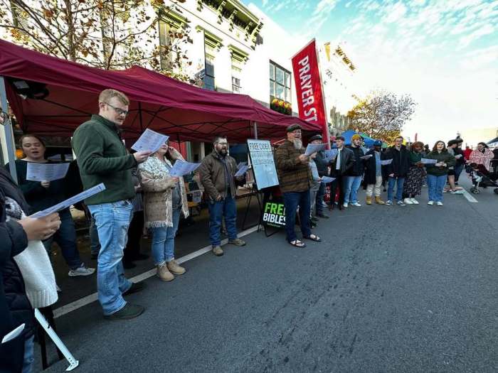 Members of the Reformation Church of Shelbyville, Kentucky, hold a street evangelism outreach in an undated photo.
