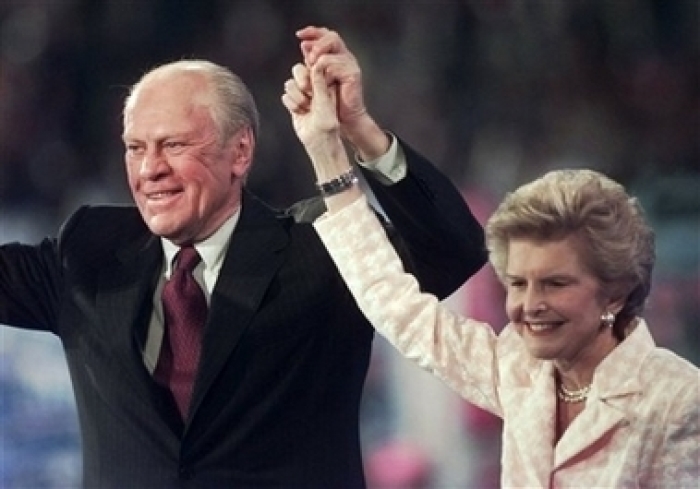 Former President Gerald Ford and wife Betty acknowledge applause from the convention floor during the evening session of the 1996 Republican National Convention in San Diego, on Aug. 12, 1996. Former first lady Betty Ford said on Dec. 26, 2006, that President Gerald Ford has died. 