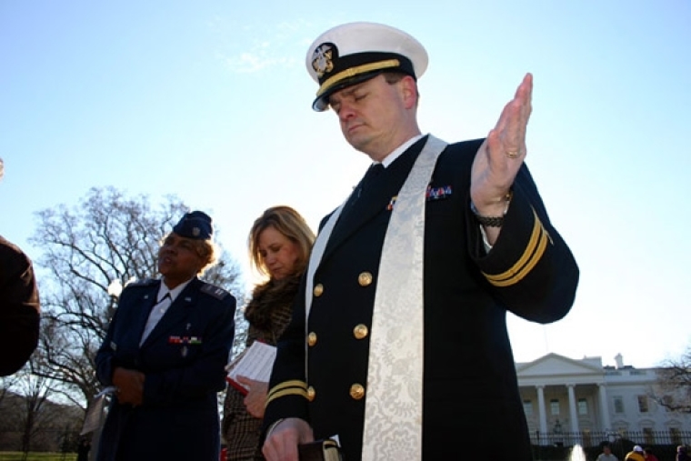 In this file photo, Navy Chaplain James G. Klingenschmitt participates in a worship service in front of the White House on Saturday, January 7, 2006.