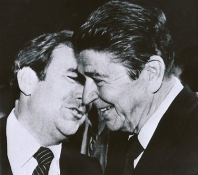 Republican presidential hopeful Ronald Reagan, right, listens to the Rev. Jerry Falwell during a campaign stop in Lynchburg, Va., in this Oct. 3, 1980 file photo. Falwell, the folksy, small-town preacher who used the power of television to found the Moral Majority and turn the Christian right into a mighty force in American politics during the Reagan years, died Tuesday, May 15, 2007. He was 73.