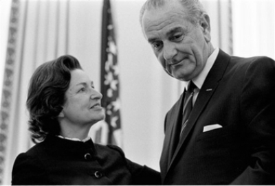 Lady Bird Johnson, left, and President Lyndon B. Johnson are shown during the signing ceremony for the Interior Department Appropriation Bill at the Oval Office at the White House in Washington, DC, July 26, 1968. Lady Bird died Wednesday, July 11, 2007, at her home in Austin, Texas. 