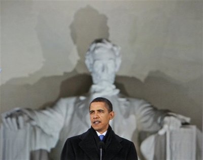 President-elect Barack Obama speaks at the Lincoln Memorial during an inaugural concert in Washington , Sunday, Jan. 18, 2009.