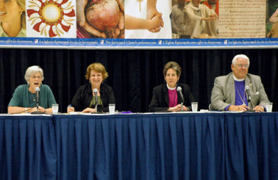 President of the House of Deputies Bonnie Anderson, Neva Rae Fox, The Episcopal Church's Program Officer for Public Affairs, Presiding Bishop Katharine Jefferts Schori, and Diocese of Los Angeles Jon Bruno respond to questions at the final media briefing of the 2009 General Convention, July 17, 2009. 