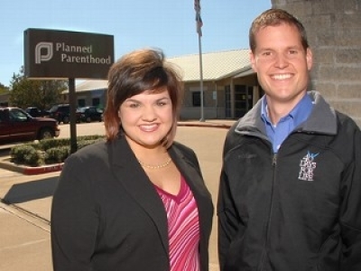 Abby Johnson, left, the former director of a Planned Parenthood clinic in Texas, stands next to Shawn Carney, National Campaign Director of 40 Days for Life, whose group prays outside the clinic.