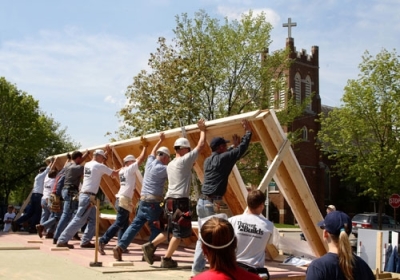 Volunteer labor is critical to keeping construction costs down at a Thrivent Builds with Habitat for Humanity site. Volunteers are needed at all stages of construction, from framing, as shown here, to the finishing touches inside.