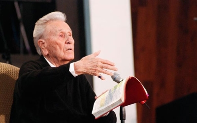 Oral Roberts preaches at Oral Roberts University.