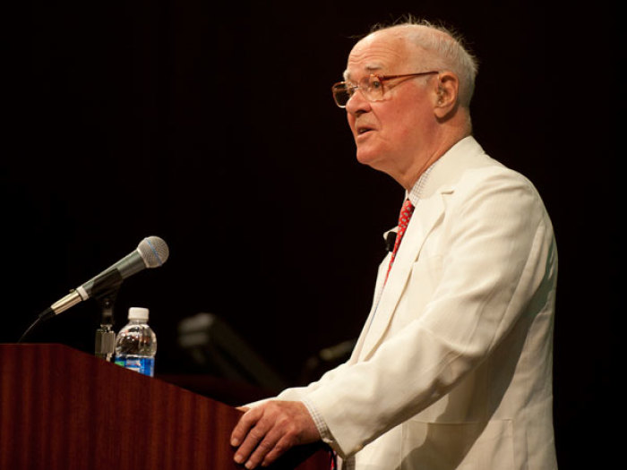 The Rev. John Polkinghorne, founding president of the International Society for Science and Reeligion, speaks at the 31st annual Christian Scholars' Conference at Pepperdine University in Malibu, California, on June 16, 2011