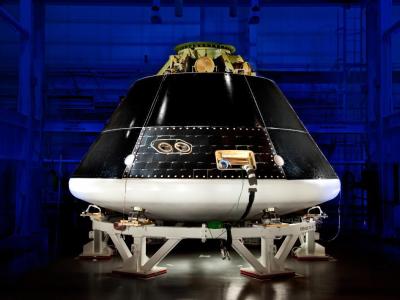 The Multi Purpose Crew Vehicle ground test article, or GTA, was completed in preparation for environmental testing. This image is of the crew vehicle at the Lockheed Martin Vertical Test Facility in Colorado. The crew vehicle will undergo rigorous testing to confirm its ability to safely fly astronauts through all the harsh environments of deep space exploration missions. (Caption: NASA.Gov)